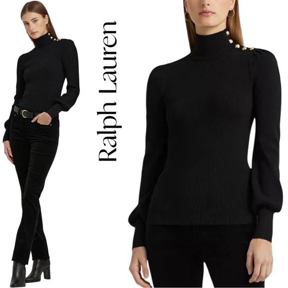Ralph Lauren Black Ribbed Button Trim Sweater with gold buttons Sz S Like New - Picture 1 of 11
